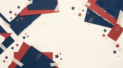 Fototapeta premium Red, White, and Blue Patriotic Background with Stars and Paper Elements