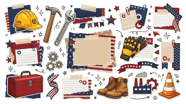 Labor Day scrapbooking vector bundle with industrial construction elements and patriotic decorations