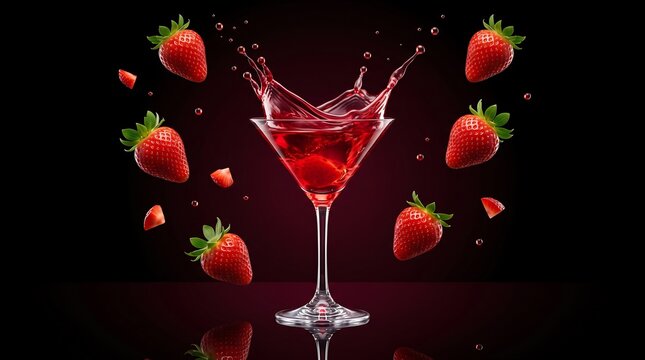 Strawberry Martini Cocktail Splash with Fresh Flying Strawberries on Dark Black Background, Advertising Photography