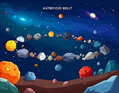 Asteriod belt in outer space with colorful rocks.