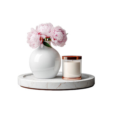 elegant white marble tray with a candle and flowers, cutout isolated illustration cutout cutout isolated illustration on transparent background