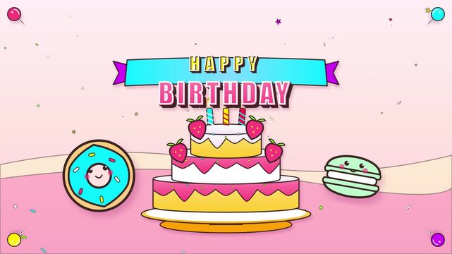 Cute cartoon happy birthday celebration banner with sweet cake donut and macaron pastry illustration