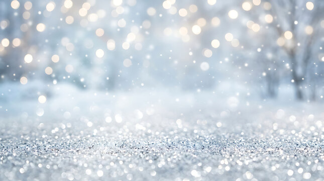Beautiful winter background with sparkling snow glitter and blurry bokeh lights in a snowy forest