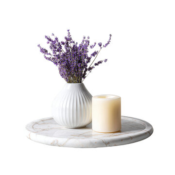 elegant white marble tray with a small vase and candle cutout isolated illustration cutout isolated illustration on transparent background