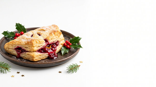 Baked cranberry puff pastry turnover on rustic plate with Christmas holly decor stock photo&mdash;featuring a golden flaky puff pastry strudel dusted with powdered sugar and filled with rich cranberry fruit