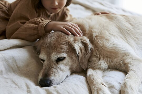Child Hugging Sleeping Light Brown Dog in Bed. Young Child Stroking Scruffy Terrier Dog in Bed. Young Girl Resting Head Near Sleeping  Labrador.