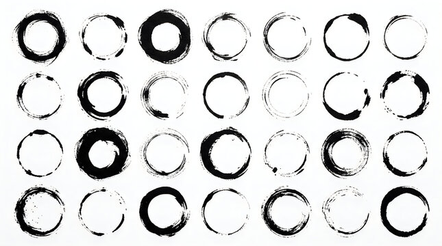 Black Ink Brush Circles Set Isolated on White Background
