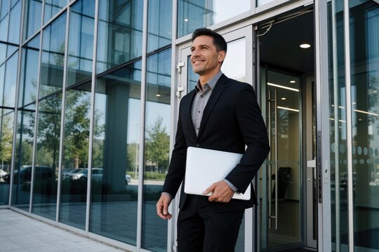 Confident man in suit holds laptop near glass building exit. Smiling Hispanic pro leaves modern office, looks ahead. Successful career path, business opportunity, urban commute.