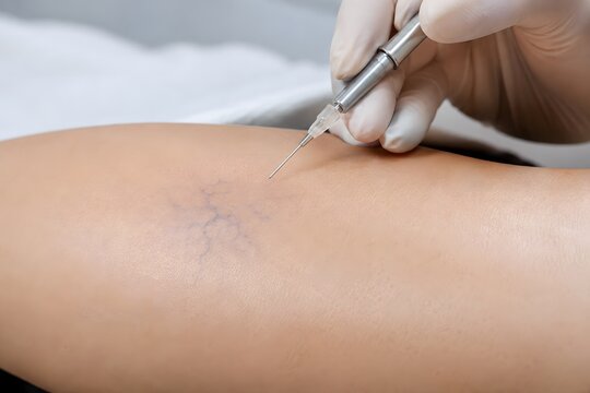 Sclerotherapy leg spider vein removal procedure close up. Premium vascular surgery treatment with cosmetic micro needle and clear solution