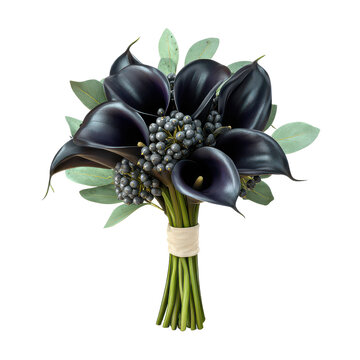 luxury bouquet of black calla lilies and silver brunia cutout isolated illustration cutout isolated illustration on transparent background