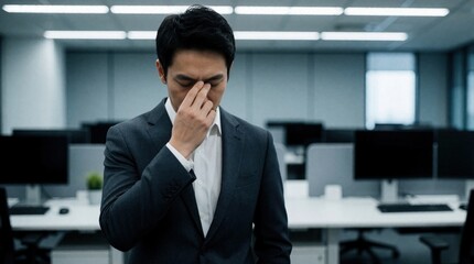 Fototapeta premium Man in dark suit rubs eyes in modern office. He looks tired, stressed, or has a headache. Empty cubicles and computers suggest late work hours.