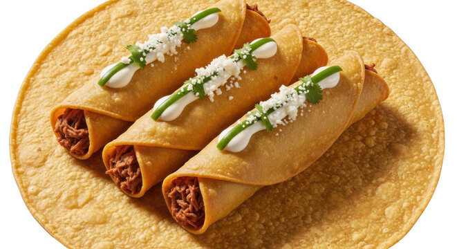Mexican flautas rolled tortillas with beef cilantro and crema for dining menu ad.