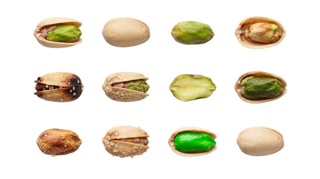Various shelled and unshelled pistachios with transparent background for snack and healthy food concepts.