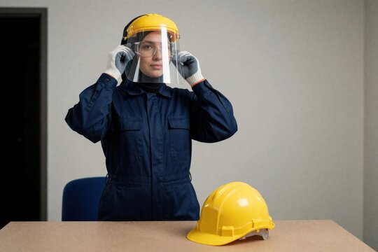 Woman in blue jumpsuit and hijab adjusts safety face shield and hard hat. Yellow helmet sits on table. Safety gear, personal protection equipment.