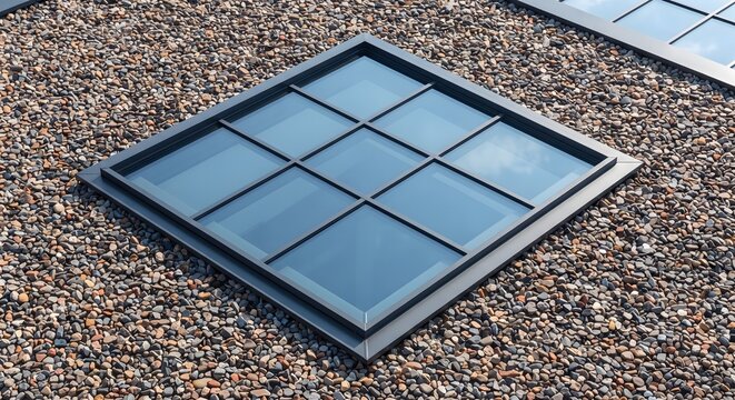 Square glass skylight window installed on gravel covered flat rooftop allowing natural sunlight into building interior with skylight architecture building