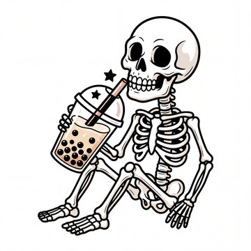 Cute skeleton holding bubble tea cup illustration sticker design