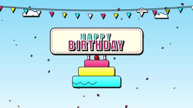 Vibrant Birthday Celebration Graphic featuring a Tiered Cake and Festive Party Bunting Banners on a Soft Blue Background Vector Illustration