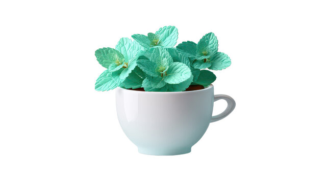mint plant in a white ceramic cup, a cutout isolated illustration on transparent cutout cutout isolated illustration on transparent background