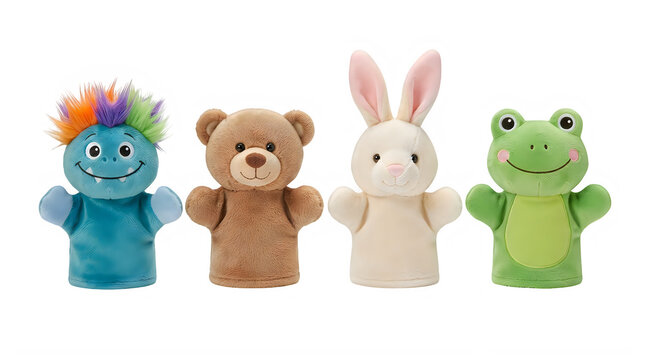 Four cute plush hand puppets isolated on transparent background