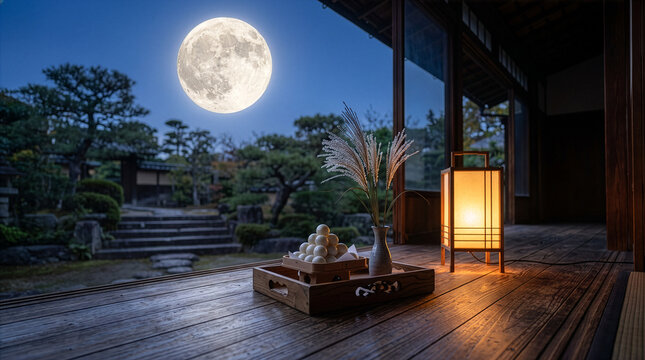 満月が照らす和室の縁側にお供えされたお月見団子とススキ（中秋の名月・秋の伝統行事）