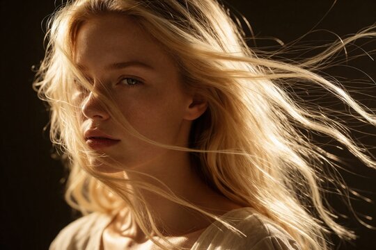 Young woman with blonde hair blowing in wind looks down thoughtfully. Sunlit portrait with dark background reveals natural beauty and contemplative mood.