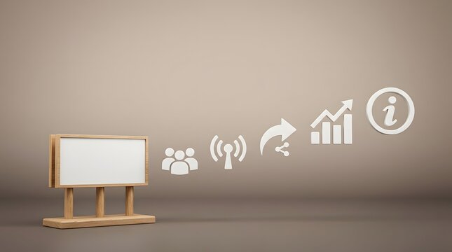 Marketing, sign and icons for communication, social media growth and information flow. Digital strategy, media symbols and wooden frame for advertising, message sharing, web online success and data