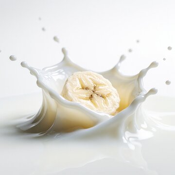 Banana slice splashes into white liquid creating wave. Healthy food concept, fresh fruit in dairy cream, refreshing drink preparation. Tasty breakfast moment.