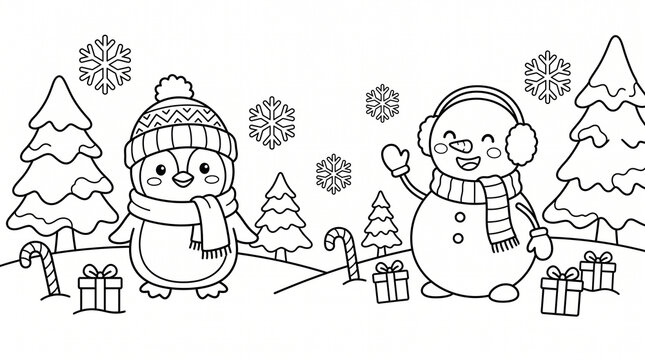 Christmas coloring page with cute penguin and waving snowman in winter landscape stock vector&mdash;featuring black and white line art of an adorable cartoon penguin wearing a knitted bobble beanie and scar
