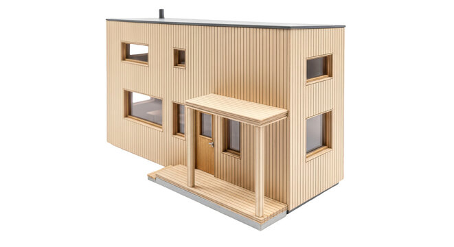 Minimalist wooden home architectural model design element, modern Scandinavian house concept mockup for modular building marketing background