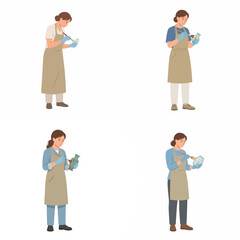 Fototapeta premium Set of flat vector illustrations of a female art restorer or archaeologist cleaning ancient pottery artifacts with a brush on a white background