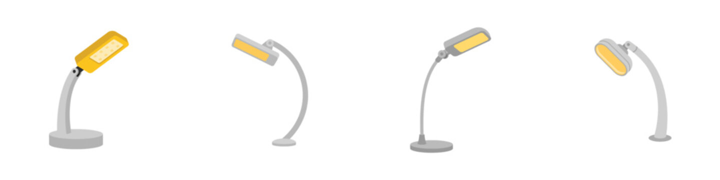 Set of four modern LED desk lamps in flat illustration style isolated on white background