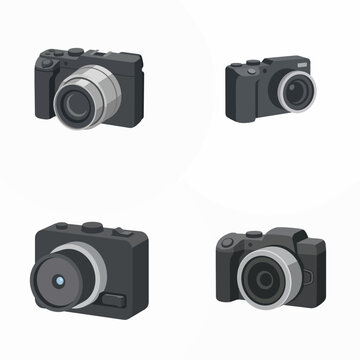 Collection of four different digital camera illustrations in a modern isometric 3D style isolated on white background