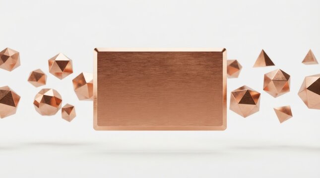 Wide shot bronze rectangular plate surrounded by geometric shapes with geometric
