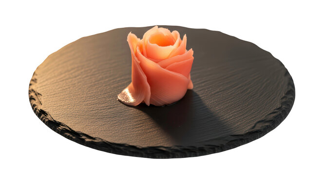 Sliced pickled ginger rose on black slate plate design element, Japanese sushi garnish culinary concept mockup for restaurant advertising background