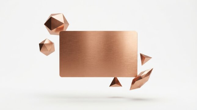 Close up bronze rectangular plate framed by geometric shapes on white background