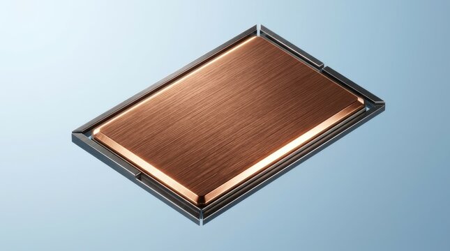 Brushed copper metal plate inside dark rectangular frame with rectangles