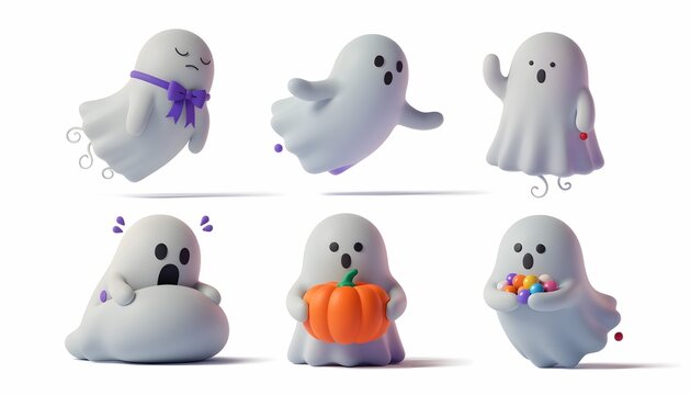 3D Halloween Cute Ghost Characters Set with Various Poses, Pumpkin, and Candy Isolated on White