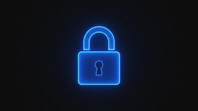 Glowing blue padlock icon representing digital security and data protection on a dark textured background.
