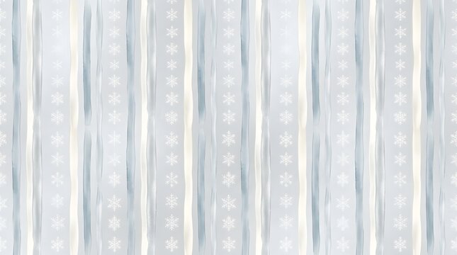 Seamless pattern with soft watercolor-style vertical stripes in shades of light blue, gray, and white, featuring delicate repeating snowflake outlines for a winter holiday background or decorative tex