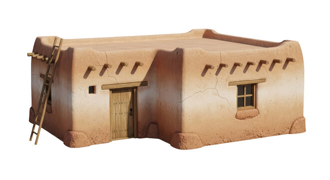 Traditional adobe mud brick house architectural model design element, desert clay dwelling concept mockup for heritage tourism advertising background