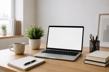 Fototapeta premium Minimalist Home Office Workspace with Laptop and Blank Screen