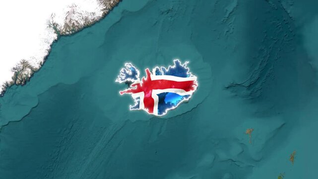 Iceland national flag map floating gracefully over dark ocean surface in this high quality seamless digital motion background loop video
