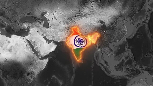 India map glowing with vibrant national flag colors on a monochrome gray background in this high quality motion video footage
