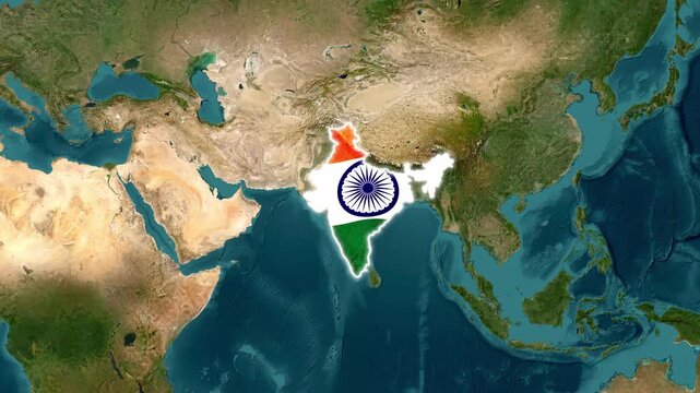 India map animated footage showing national flag overlay glowing brightly against a detailed realistic satellite earth globe background motion clip