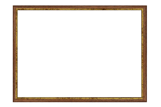 Thin brown wooden frame with gold inner border on transparent background.