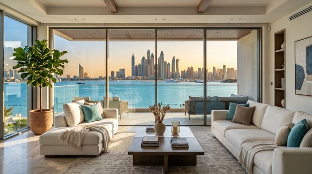 Luxury Living Room with Panoramic Dubai Marina Skyline View at Sunset