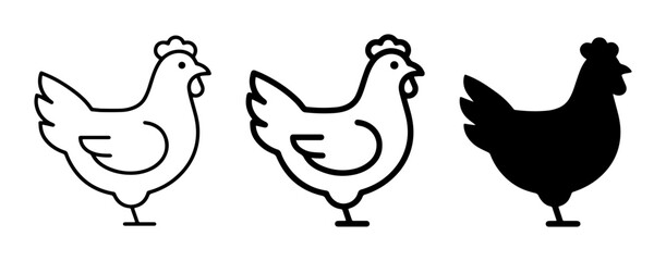 Fototapeta premium Chicken Icons Set: Line Art and Silhouette, Farm Animal Graphics, Poultry Vector Illustrations