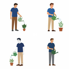 Fototapeta premium Flat vector illustration set of a man watering a potted plant isolated on white