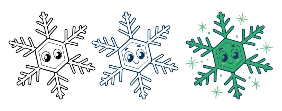 Cute cartoon snowman faces with decorative snowflakes and stars