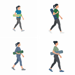 Fototapeta premium Flat vector illustration set of women walking with yoga mats for fitness and wellness concepts.
